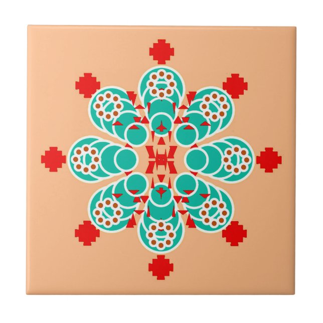 Eight point Mandala, Turquoise and Peach Ceramic Tile (Front)