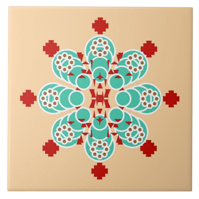 Eight point Mandala - turquoise and peach Tile (Front)