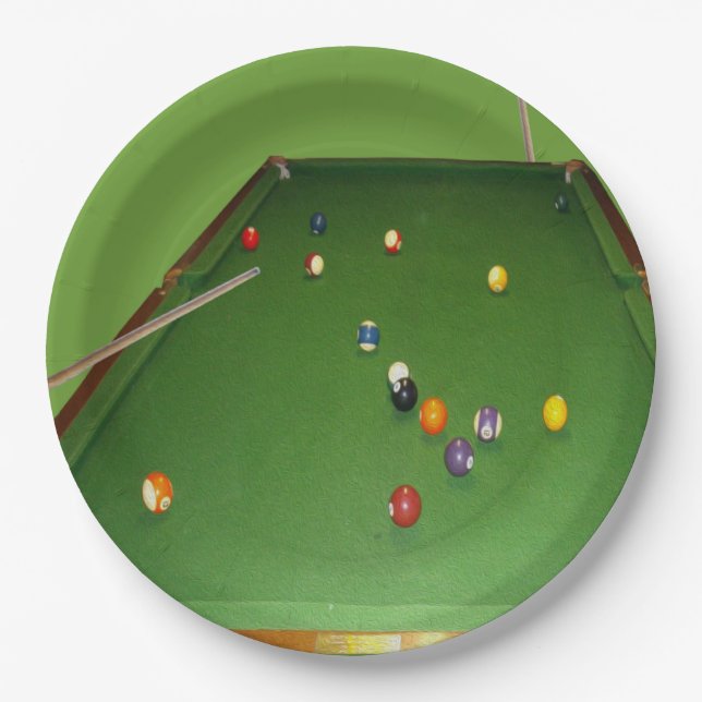 Eightball Table Oilpaint With  Balls And Cues, Paper Plate (Front)