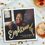 Eighteen 18th Birthday custom photo script gold Napkin<br><div class="desc">Eighteen gold hued script text and key with your own photo napkins. Personalise this 18th birthday party napkin with your own honouring birthday girls name and party date,  and a photo. Other years,  colours and matching items are available. © Original design by Sarah Trett for www.mylittleeden.com on Zazzle.</div>