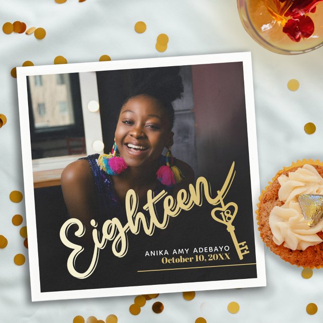Eighteen 18th Birthday custom photo script gold Napkin (Creator Uploaded)