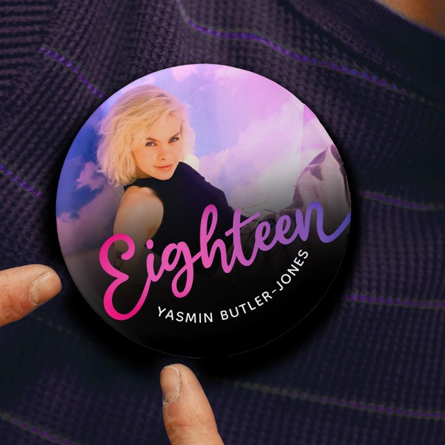 Eighteen 18th Birthday photo purple pink black 3 Cm Round Badge (Creator Uploaded)