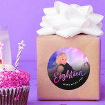 Eighteen 18th Birthday photo purple pink black Classic Round Sticker<br><div class="desc">Eighteen purple through to pink script text photo sticker. Personalise this 18th birthday party script photo birthday sticker with your own birthday girls name and a photo of your birthday girl. Other years and matching items are available and can be created by request. © Original design by Sarah Trett for...</div>