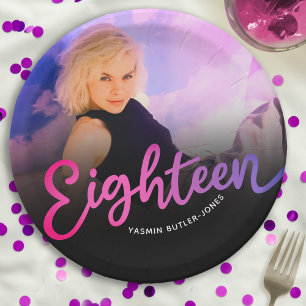Eighteen 18th Birthday photo purple pink black Paper Plate