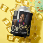 Eighteen 18th Birthday photo script gold key Can Cooler<br><div class="desc">Eighteen gold coloured style effect script text with key to the door black can cooler. Personalise these stubby holders with two photos of your birthday girl turning 18, one on each side (for past and present), plus add your own name or message. Ideal for a 18th birthday party or surprise...</div>