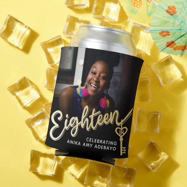 Eighteen 18th Birthday photo script gold key Can Cooler (In Situ Summer)