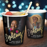 Eighteen 18th Birthday photo script gold key Paper Cups<br><div class="desc">Eighteen gold coloured style effect script text with key to the door on black paper party cups. Personalise these cups with two photos of your birthday girl turning 18, one on each side (for past and present), plus add your own name or message. Ideal for a 18th birthday party or...</div>