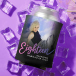 Eighteen 18th Birthday photo script pink purple Can Cooler<br><div class="desc">Eighteen purple to pink coloured style effect script text can cooler. Personalise these stubby holders with two photos of your birthday girl turning 18, one on each side (for past and present plus add your own name or message. Ideal for a 18th birthday party or surprise girls eighteen years event....</div>