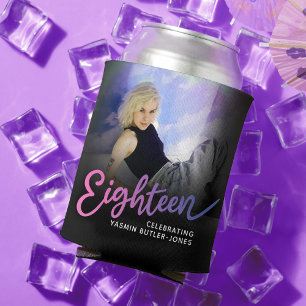 Eighteen 18th Birthday photo script pink purple Can Cooler