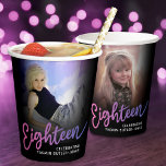 Eighteen 18th Birthday photo script pink purple Paper Cups<br><div class="desc">Eighteen purple to pink coloured style effect script text on black paper cups. Personalise these cups with two photos of your birthday girl turning 18, one on each side (for past and present plus add your own name or message. Ideal for a 18th birthday party or surprise girls eighteen years...</div>