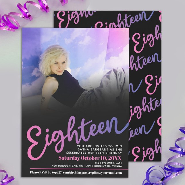 Eighteen Birthday custom photo pink purple black Invitation (Creator Uploaded)