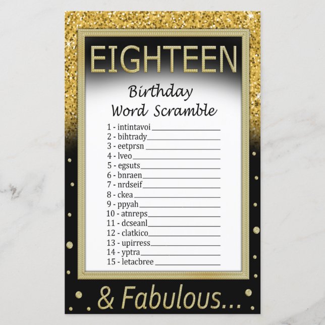 Eighteen Birthday Word Scramble Game (Front)