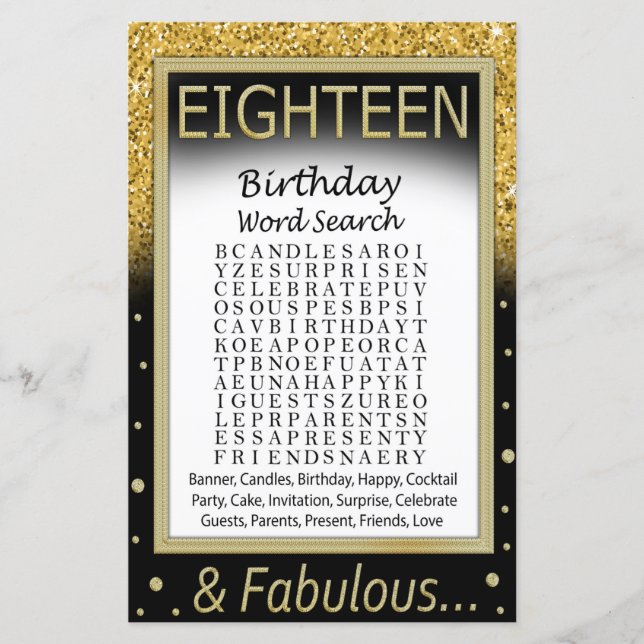 Eighteen Birthday Word Search Game (Front)