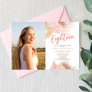 Eighteen Boho Pink Photo 18th Birthday Party Invitation
