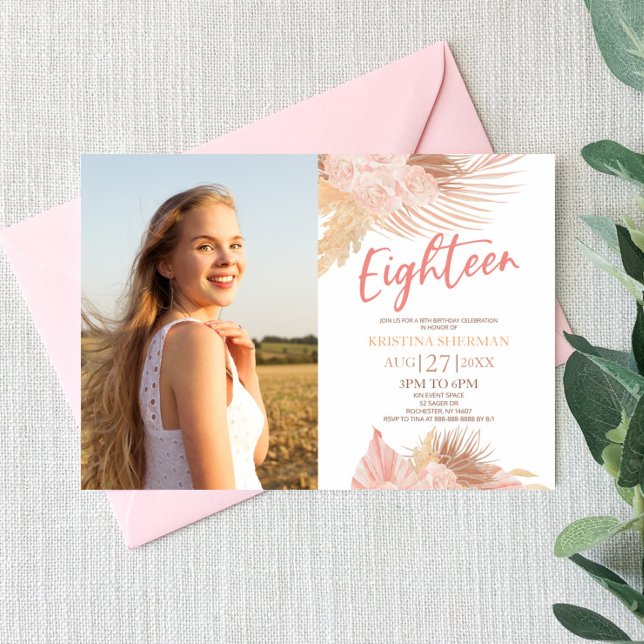 Eighteen Boho Pink Photo 18th Birthday Party Invitation (Creator Uploaded)