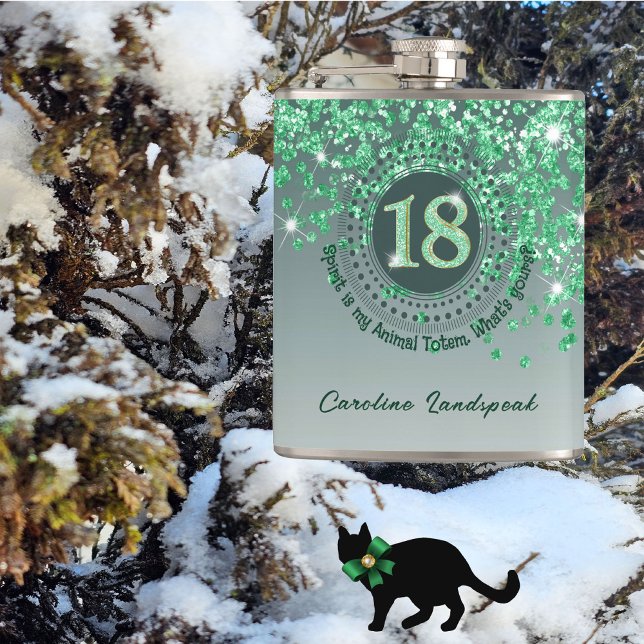 Eighteen & Green Glitter & Drinking Quote Hip Flask (Creator Uploaded)
