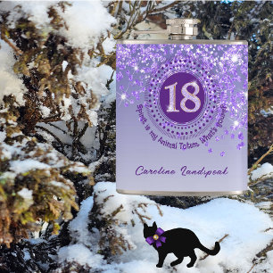 Eighteen & Purple Glitter & Drinking Quote Hip Flask