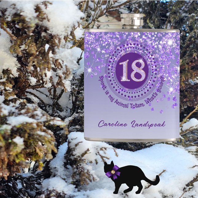 Eighteen & Purple Glitter & Drinking Quote Hip Flask (Creator Uploaded)