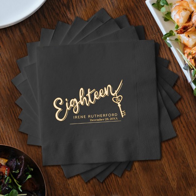 Eighteen script and key text custom name date foil napkins (Creator Uploaded)