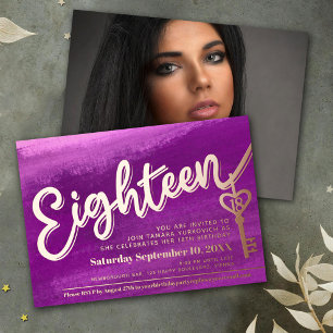 Eighteen script key 18th birthday purple rose gold