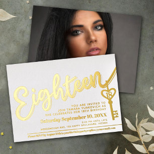Eighteen script text key 18th birthday gold white