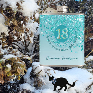 Eighteen & Teal Blue Glitter & Drinking Quote Hip Flask