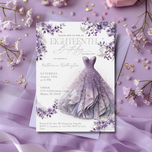 Eighteenth 18 Birthday Purple Lilac Dress Floral Invitation (Creator Uploaded)