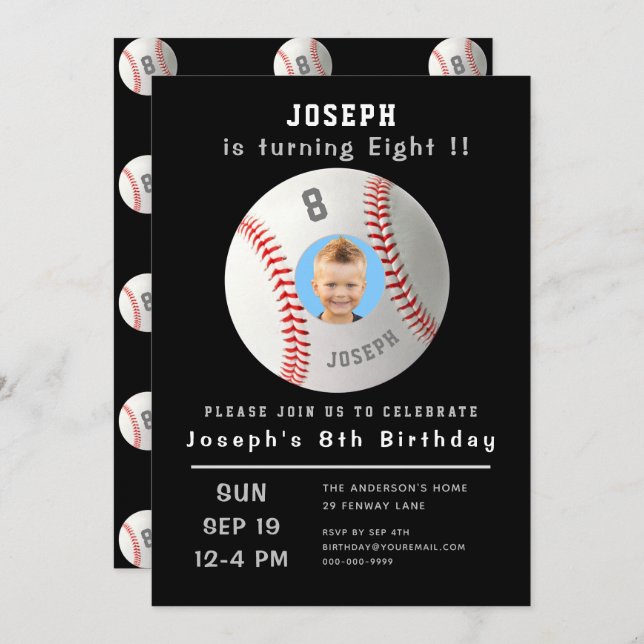 Eighth Birthday Black Custom Photo Baseball Invitation (Front/Back)