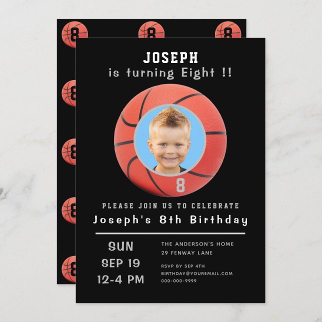 Eighth Birthday Black Custom Photo Basketball Invitation (Front/Back)