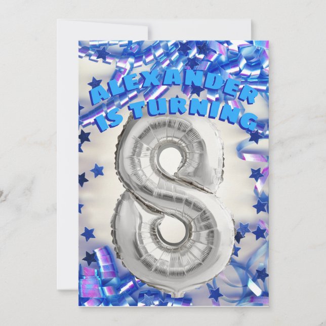 Eighth Birthday Silver and Blue Age 8 Boys Party Invitation (Front)
