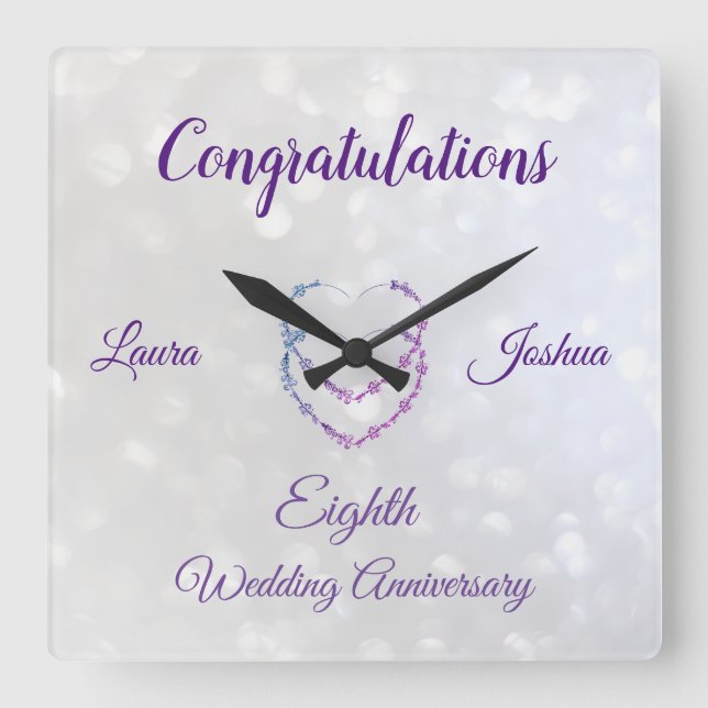 Eighth Wedding Anniversary Acrylic Wall Clock (Front)