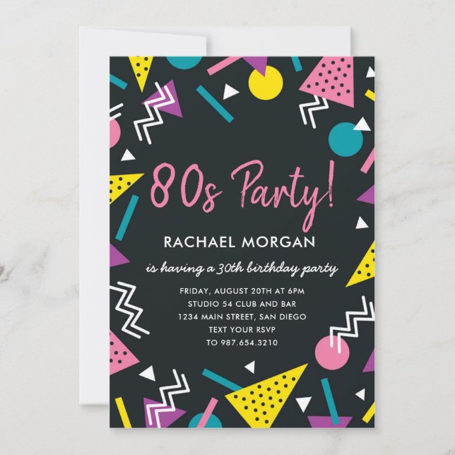 Eighties Party Black and Retro Birthday Invitation (Front)