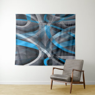 Eighties Pastel Blue and Grey Arched Line Pattern Tapestry