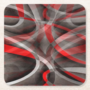 Eighties Red White and Grey Layered Curves Square Paper Coaster