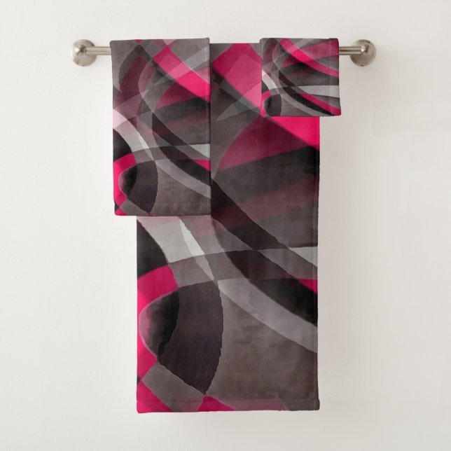Eighties Rose Pink and Grey Funky Pattern Bath Towel Set (Insitu)