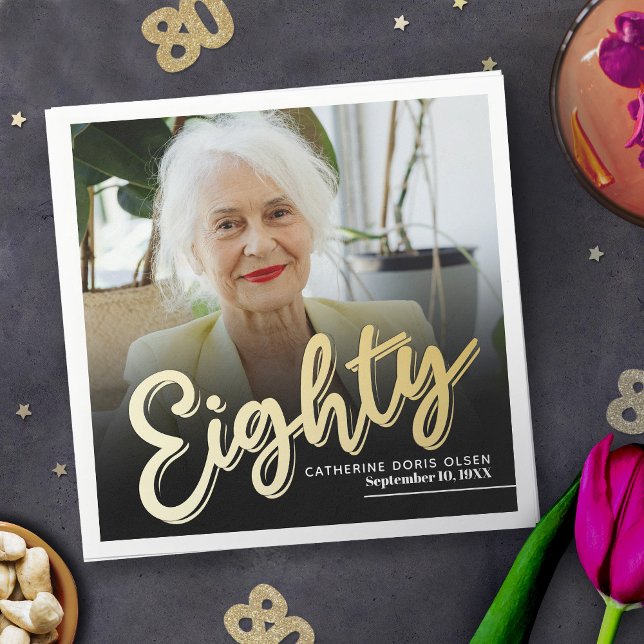 Eighty 80th Birthday custom photo script gold Napkin (Creator Uploaded)