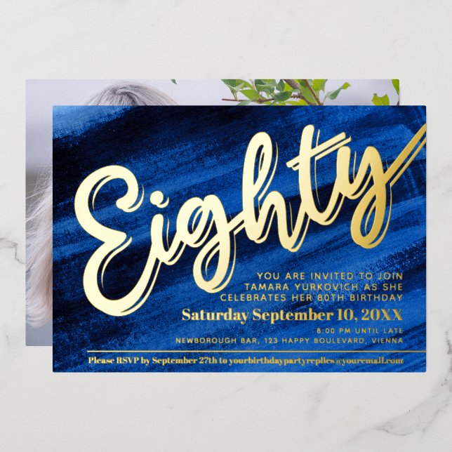 Eighty 80th Birthday party blue art gold script (Front/Back)