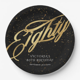 Eighty 80th Gold Black Confetti Glitter Foil Chic Paper Plate