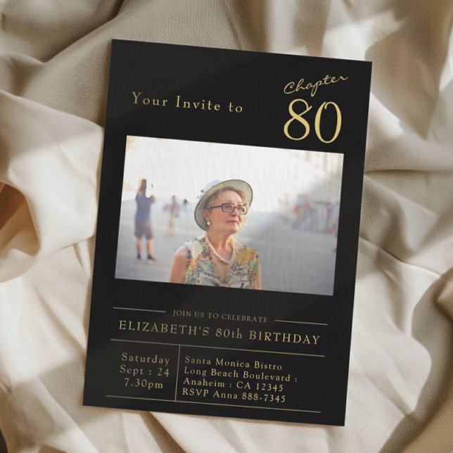 Eighty Black Gold 80th Birthday Party Photo Invitation (80th birthday party invitation in black and gold with photo on a cloth background)