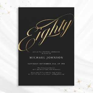Eighty Black Gold Modern Minimalist 80th Birthday Invitation