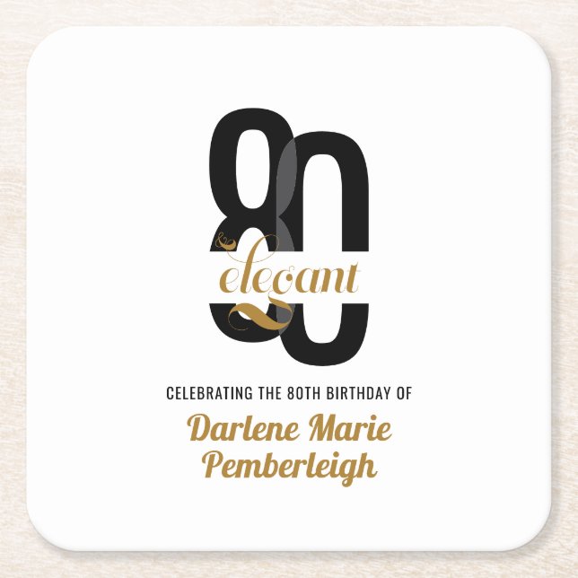 Eighty & Elegant Black Gold 80th Birthday Party Square Paper Coaster (Front)