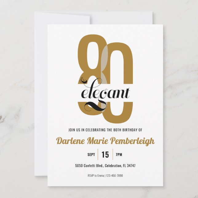 Eighty & Elegant Gold Black 80th Birthday Party Invitation (Front)