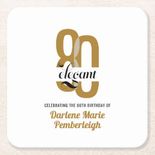 Eighty & Elegant Gold Black 80th Birthday Party Square Paper Coaster