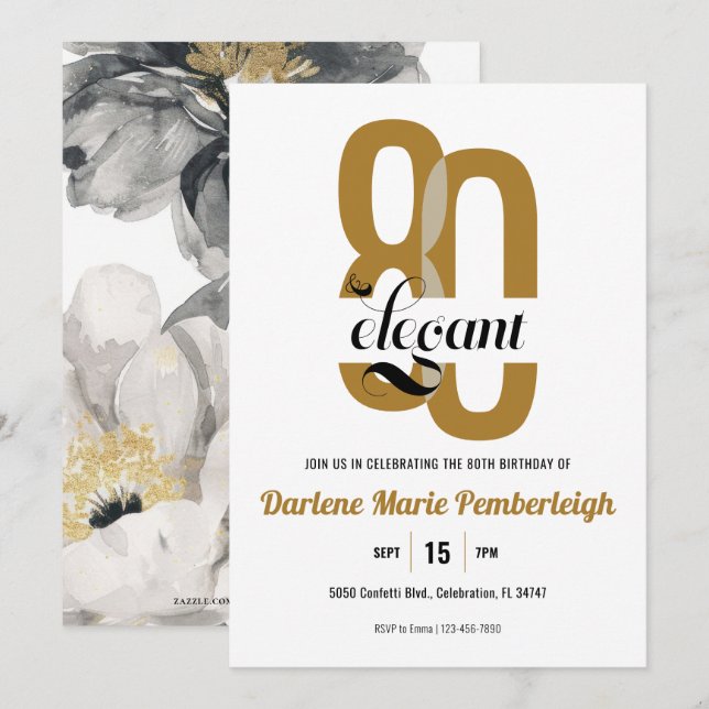 Eighty & Elegant Gold Black Floral 80th Birthday Invitation (Front/Back)