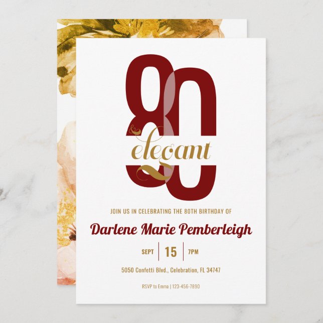 Eighty & Elegant Red Gold Floral 80th Birthday Invitation (Front/Back)