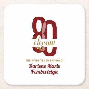 Eighty & Elegant Ruby Red Gold 80th Birthday Party Square Paper Coaster