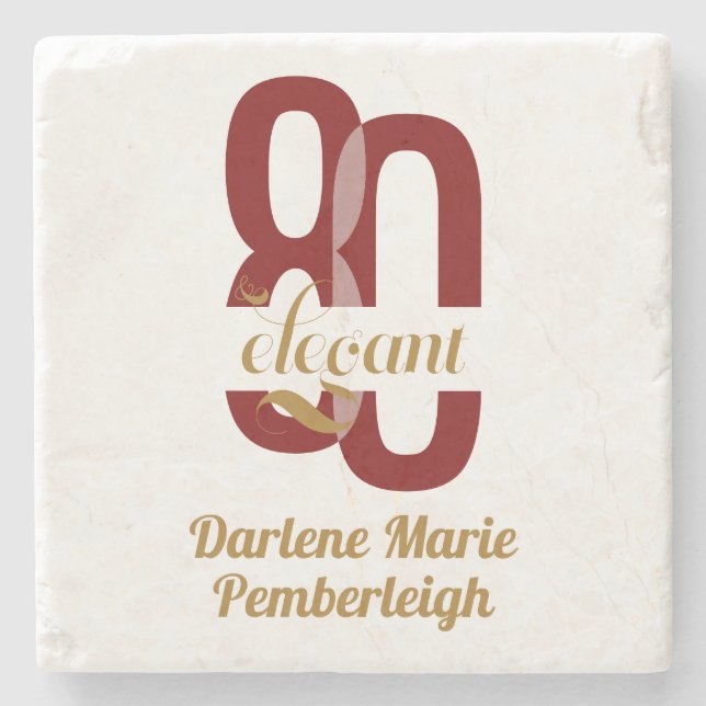 Eighty & Elegant Ruby Red Gold 80th Birthday Stone Coaster (Front)