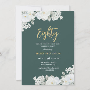 Eighty Emerald Green & Gold White Floral Birthday Invitation