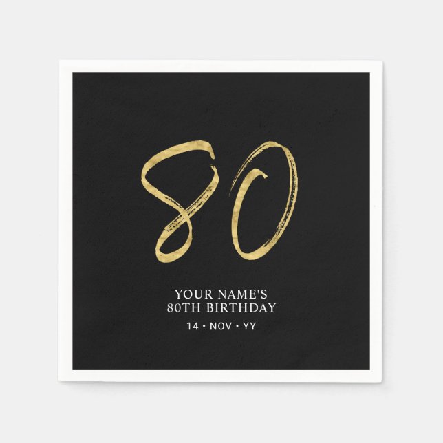 Eighty | Gold & Black Lettering 80th Birthday Napkin (Front)