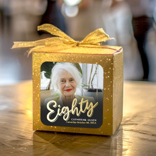 Eighty gold coloured script photo birthday favour square sticker